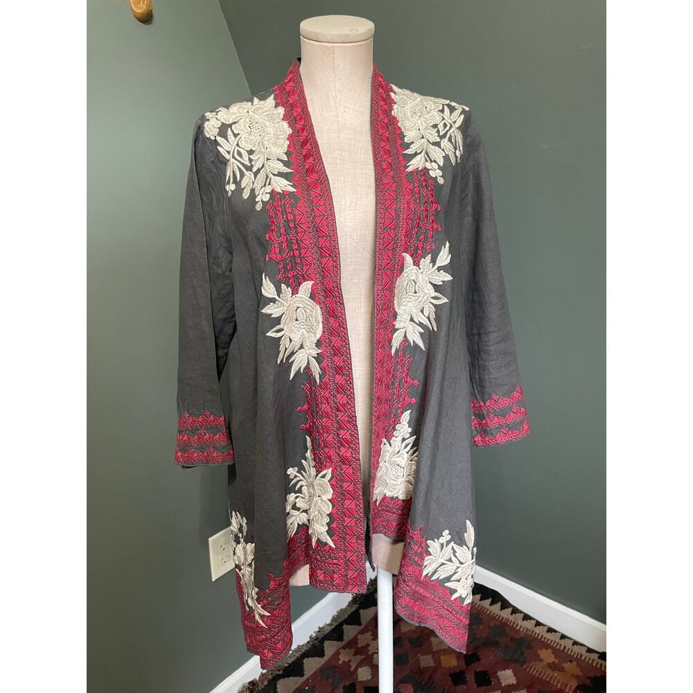 Johnny Was Gray Red Cream Linen Draped Cardigan. Size Med.